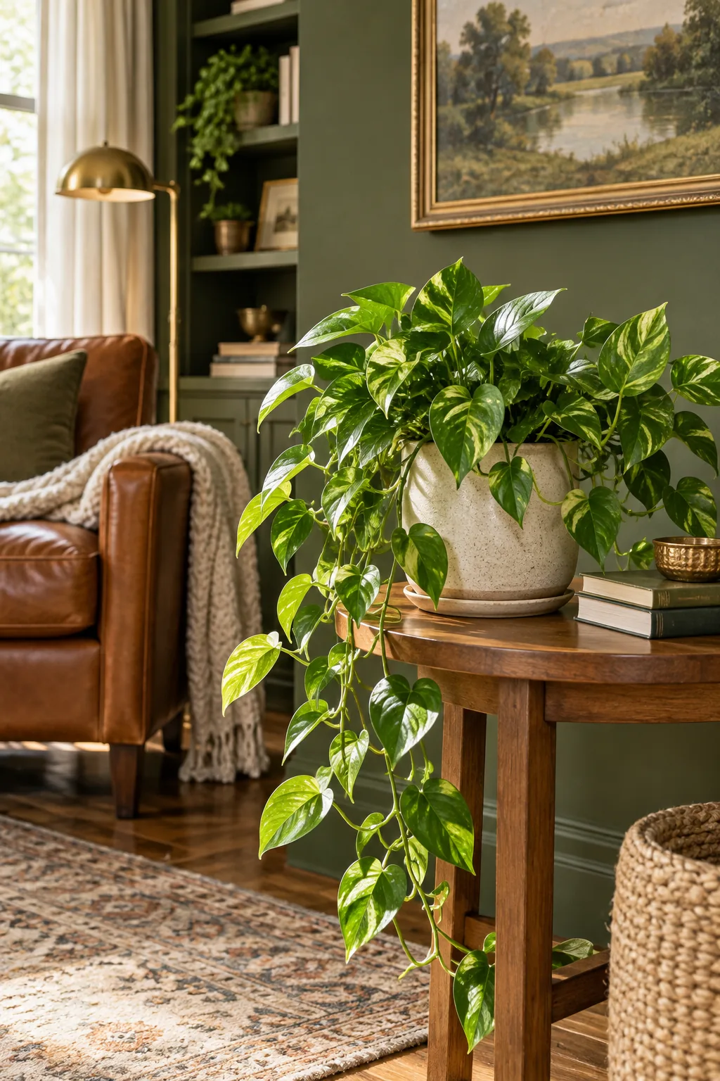 A trailing pothos plant in a ceramic pot on a wooden table against a green wall.