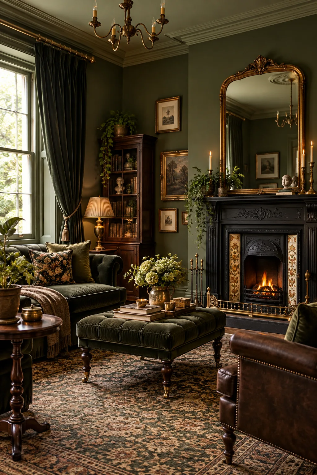 Dark olive green living room with Victorian furniture and brass accents.