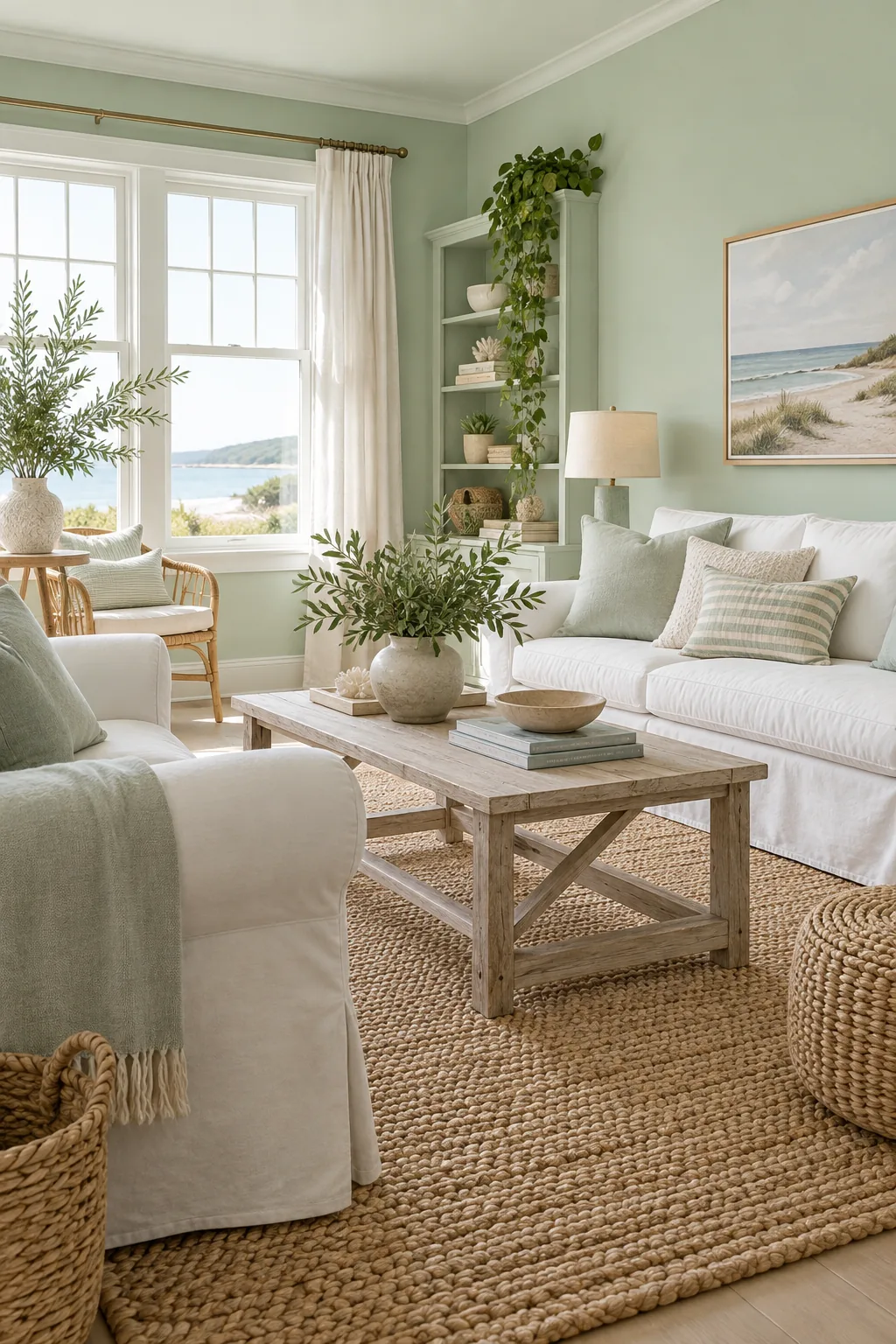 Pale mint green living room with white linen sofas and a jute rug.