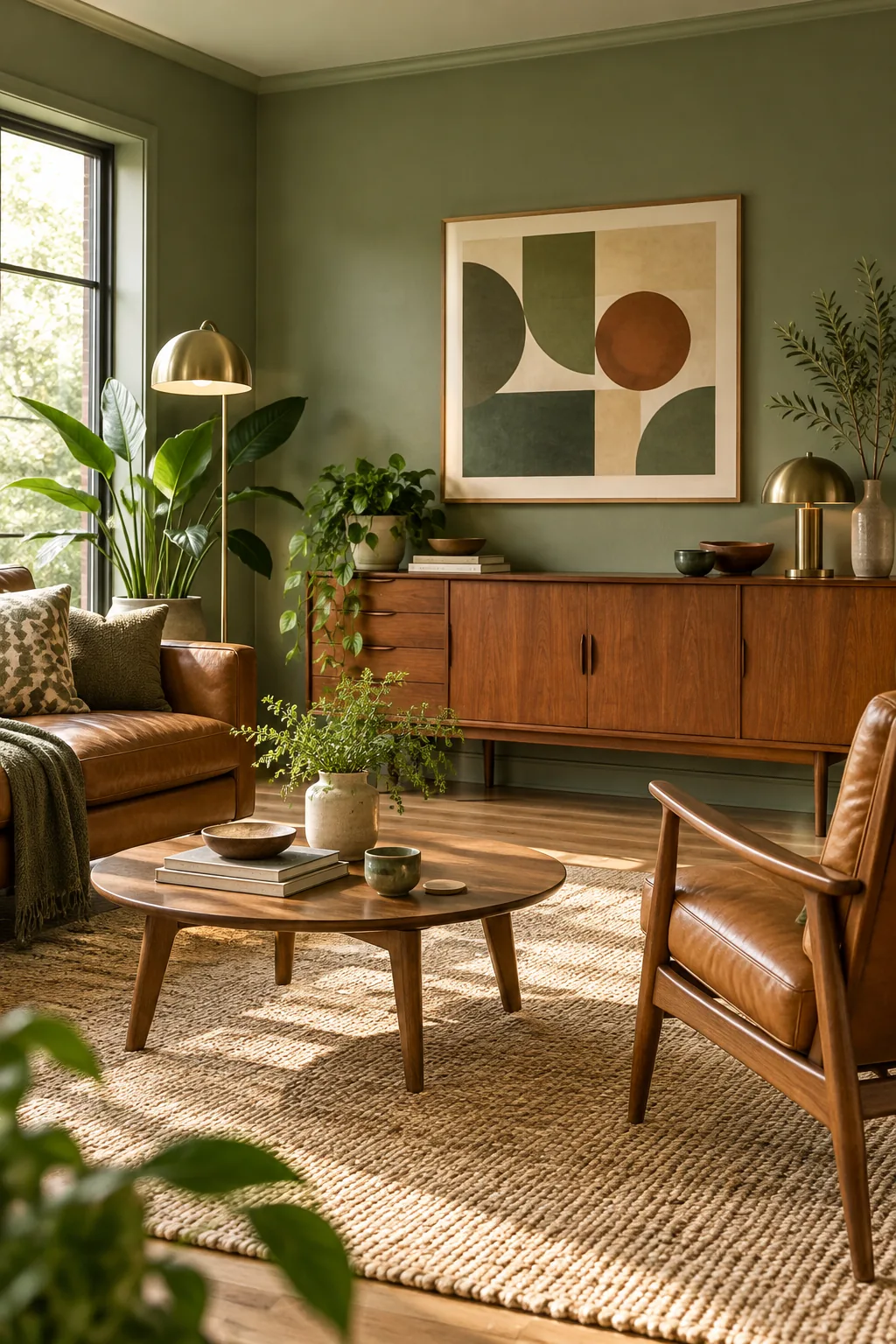 Earthy sage green living room with a teak credenza and caramel leather chair.