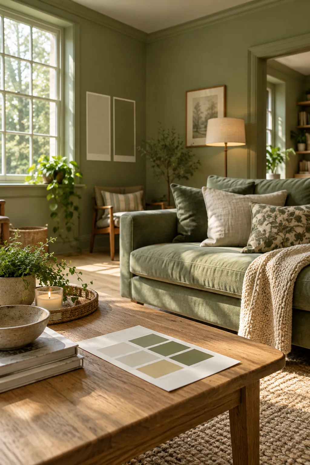 Sunlit green living room with a printed paint chart resting on a wooden coffee table in the foreground.