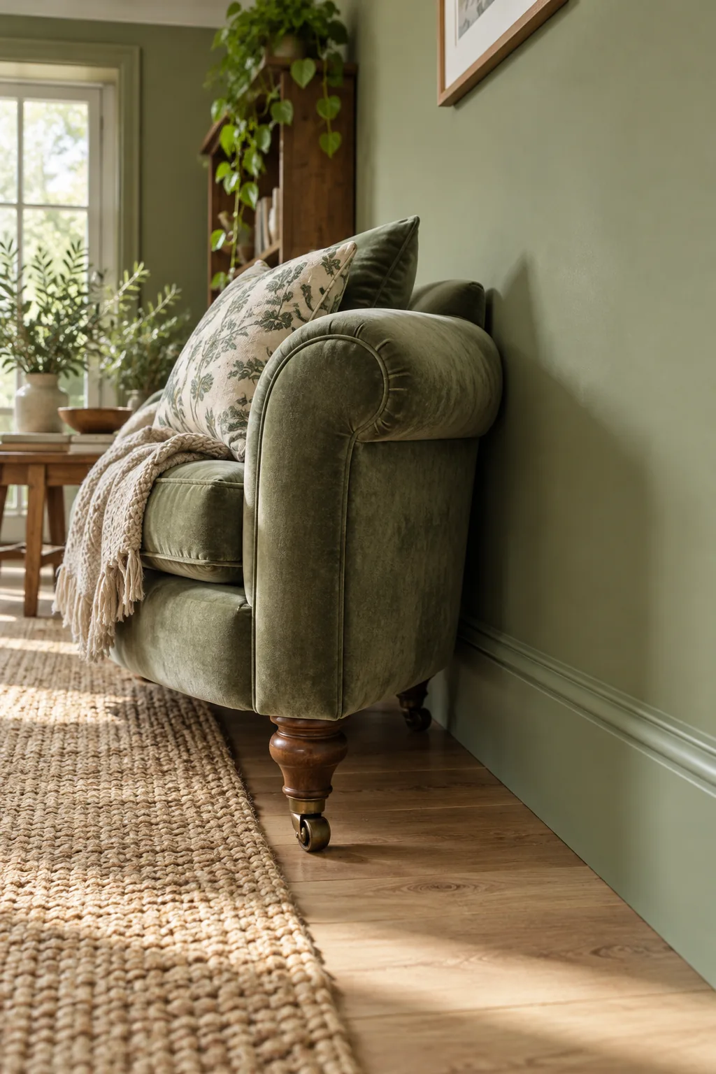 Wooden sofa leg next to a green wall and matching green skirting board with a soft sheen.