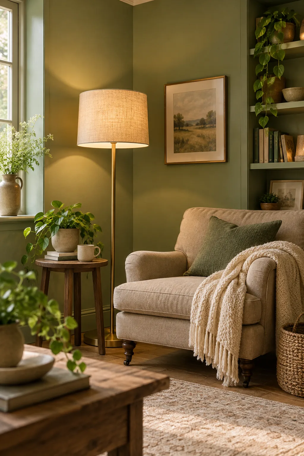 Corner of a room where a sage green wall meets a lighter green ceiling, with a brass pendant light.