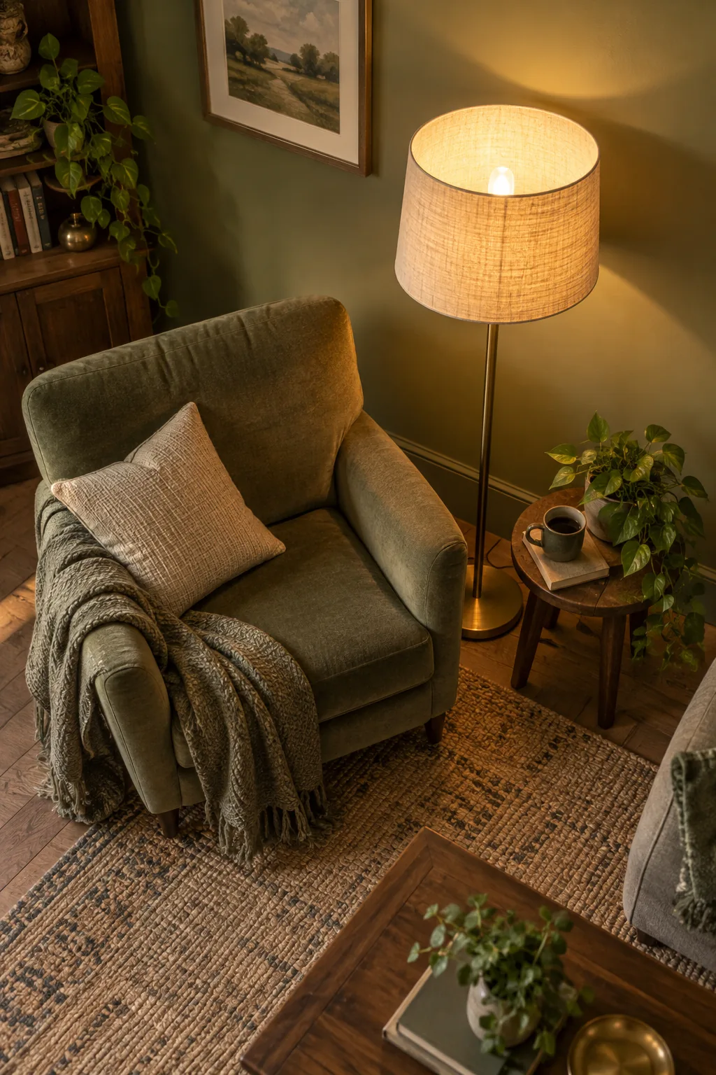 Lit floor lamp with a linen shade glowing warmly against an olive green wall next to an armchair.