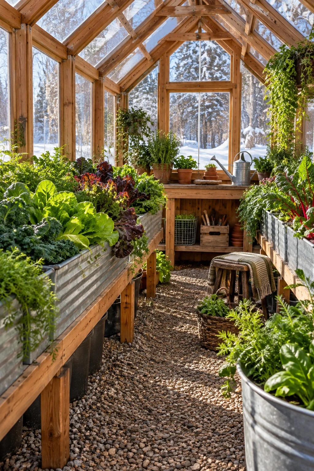 Rustic greenhouse interior with raw cedar framing and galvanized steel planters.