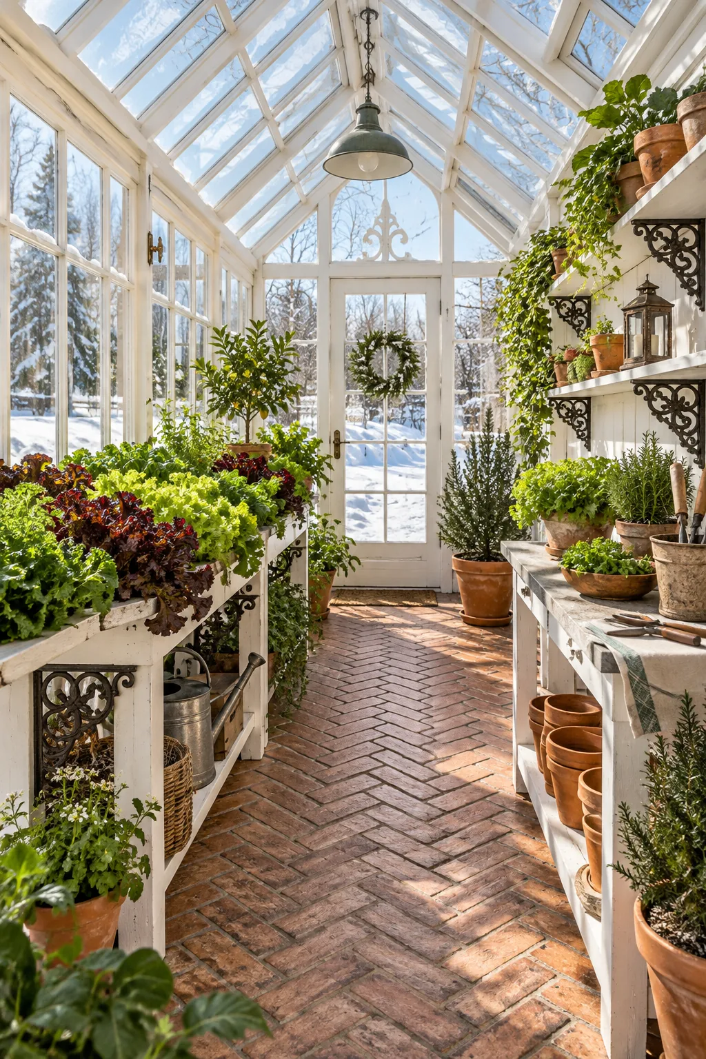 Victorian greenhouse interior with white painted wood framing and a herringbone brick floor.