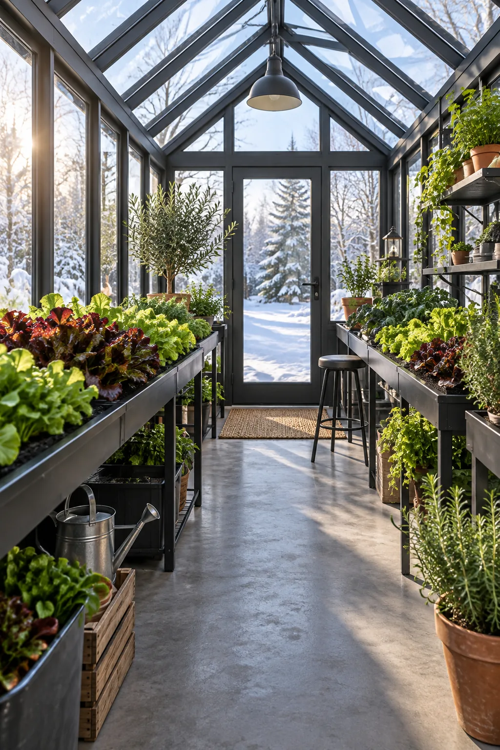 Modern greenhouse interior with dark charcoal grey framing and smooth concrete floors.