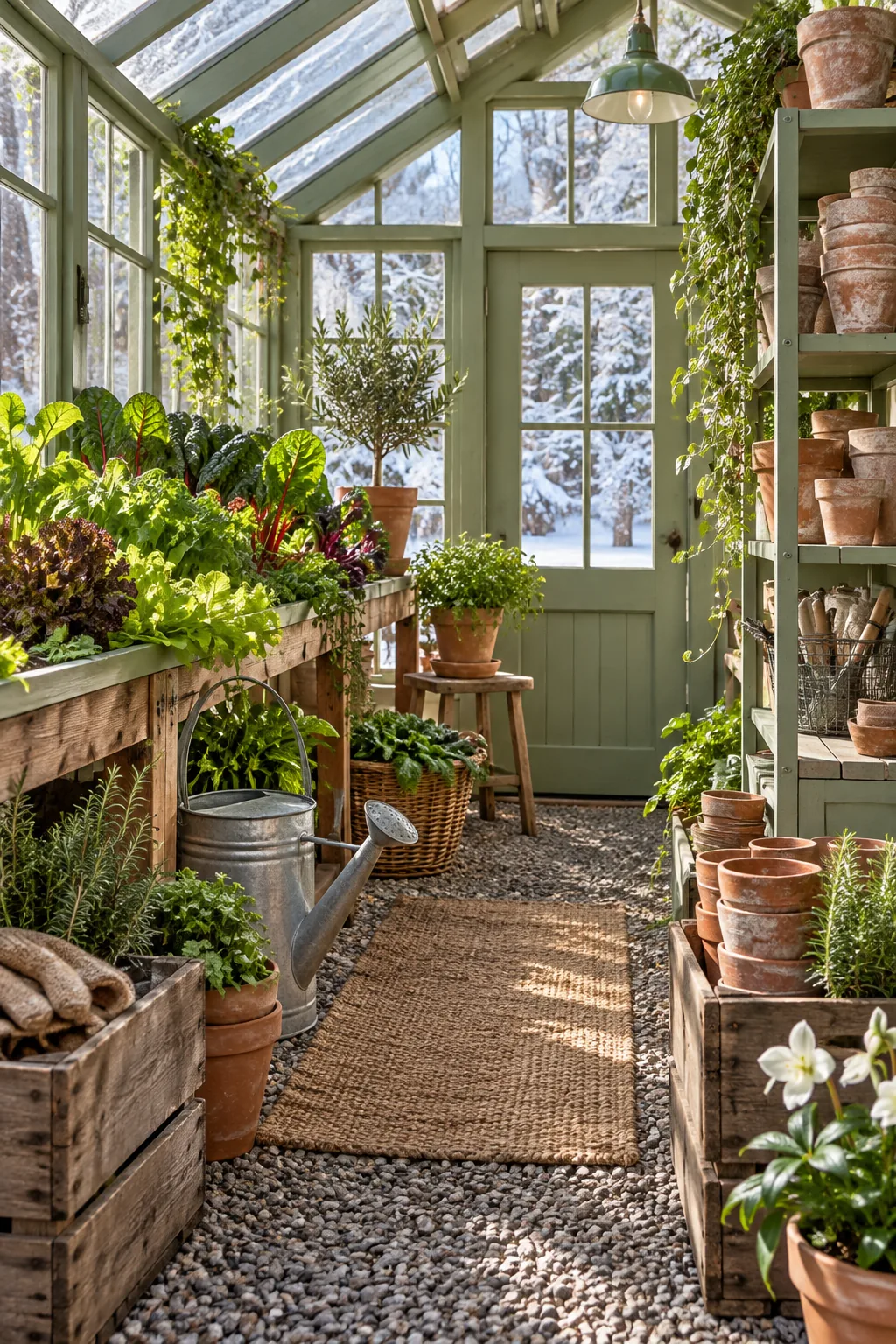 Cottage greenhouse interior with sage green framing and weathered terracotta pots.