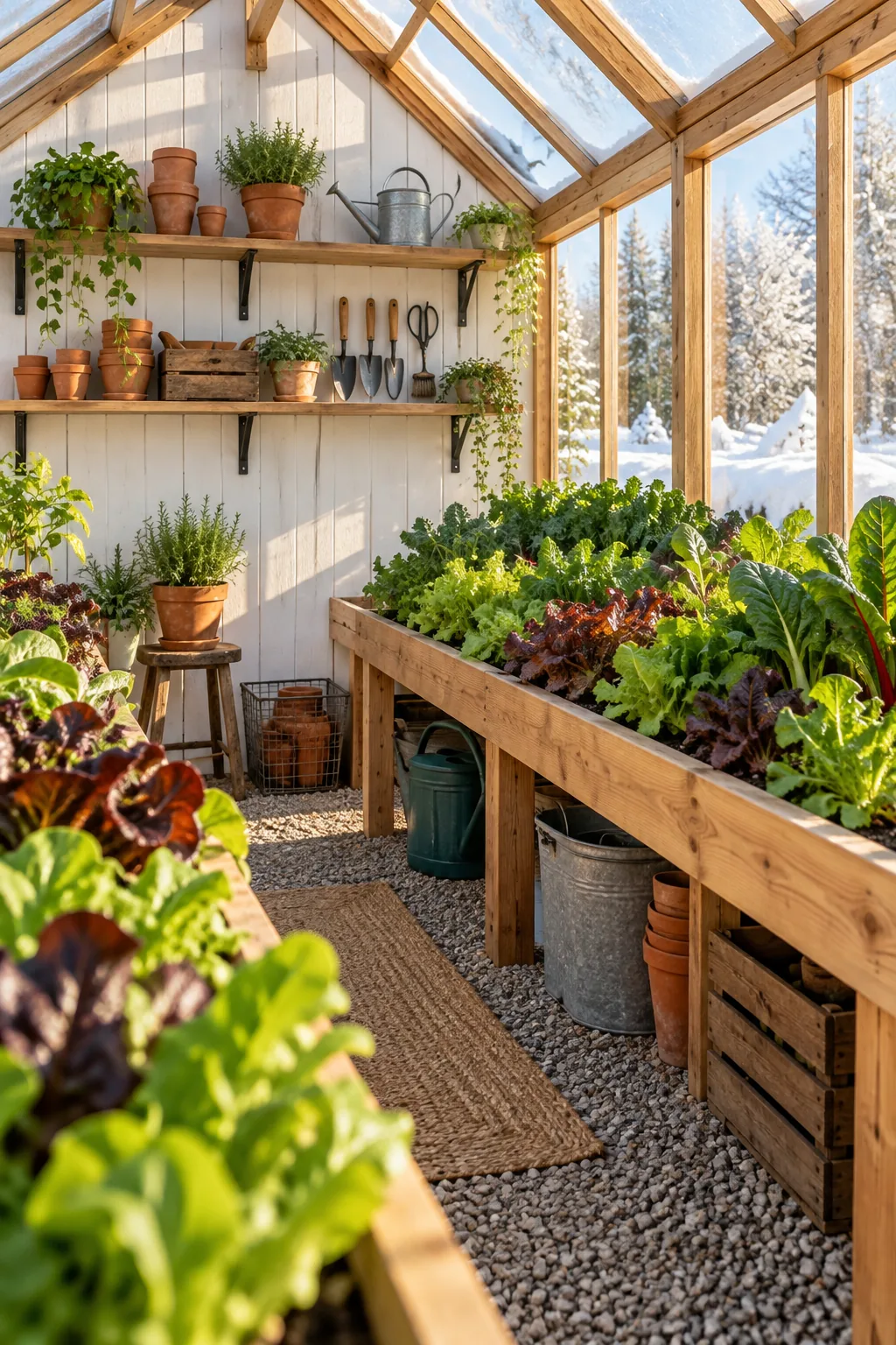 Bright winter sunlight streaming through the long glass wall of a greenhouse onto wooden benches filled with lettuce.