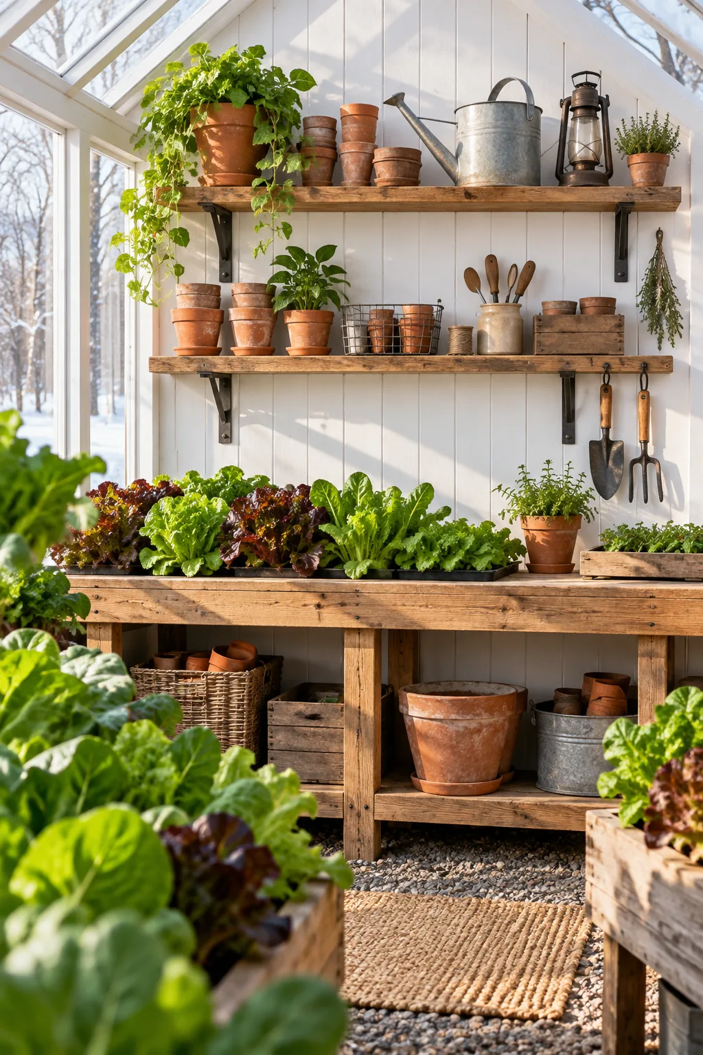Solid white-painted back wall of a greenhouse with wooden potting shelves holding terracotta pots and garden tools.