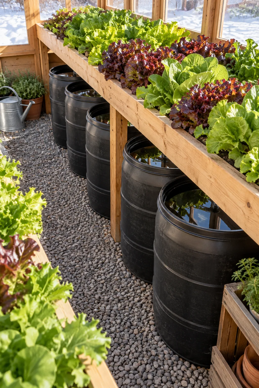 Row of black 55-gallon water barrels tucked underneath a wooden greenhouse bench filled with lettuce.