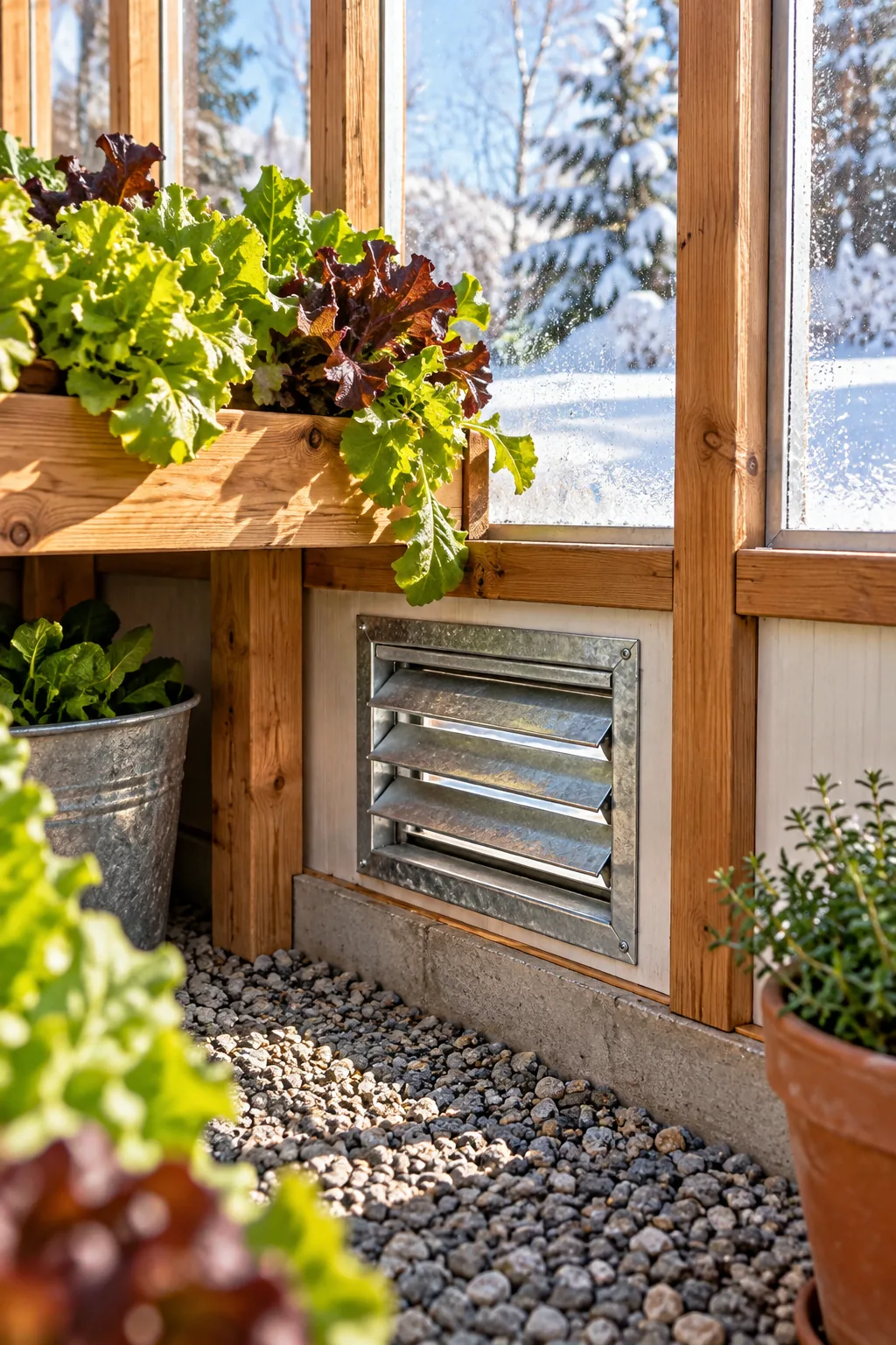 Silver wax-piston automatic opener holding a glass greenhouse roof vent partially open.