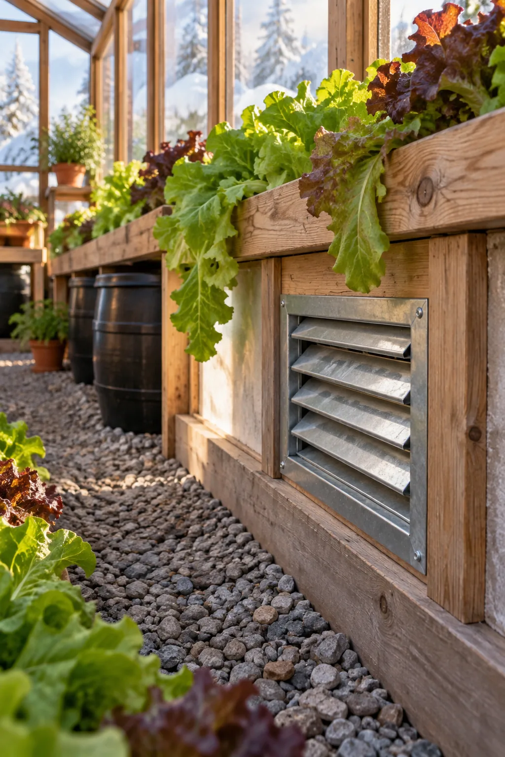 Small metal louver vent installed near the gravel floor of a wooden greenhouse.