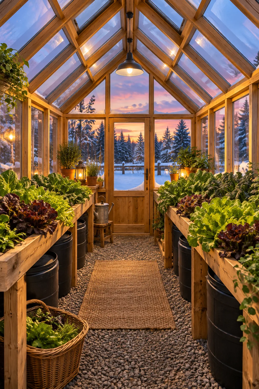 Warmly lit interior of a winter greenhouse at twilight, showing healthy plants and black water barrels against a snowy backdrop.