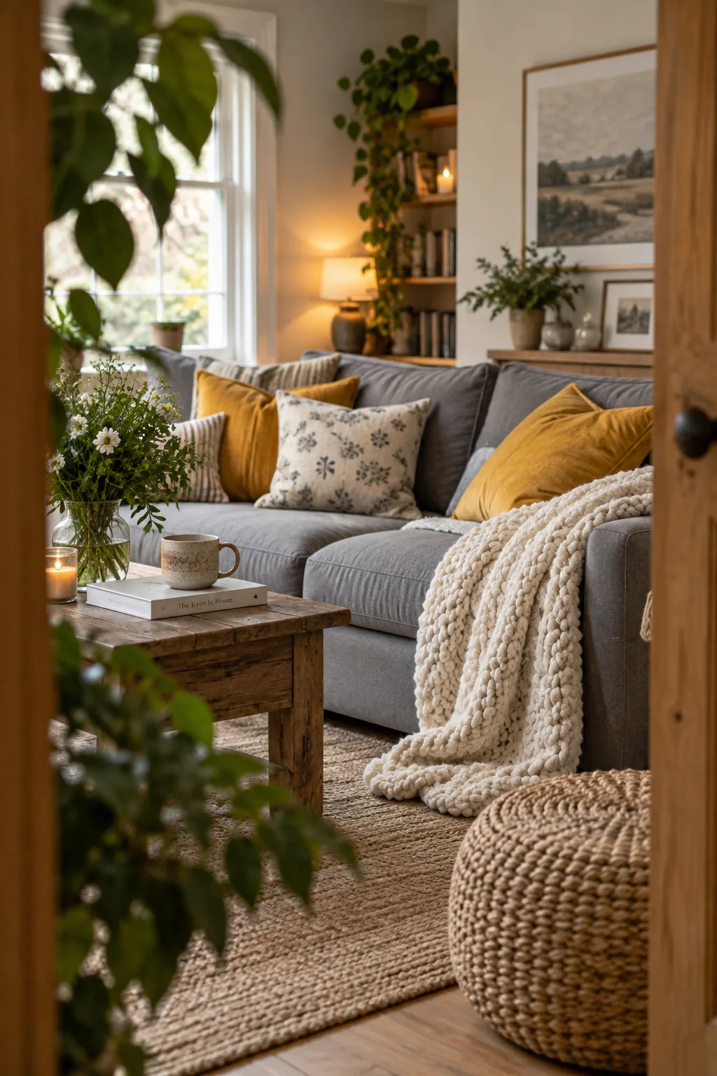 Grey couch with mustard yellow pillows
