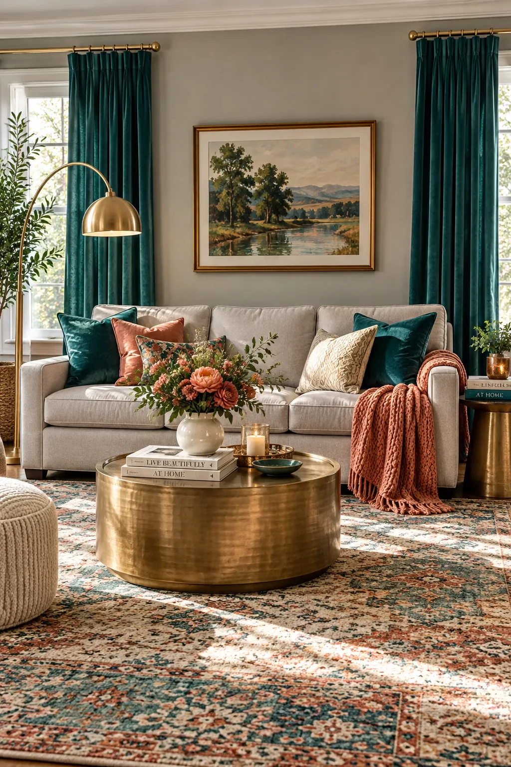 Light grey sofa paired with a distressed vintage rug