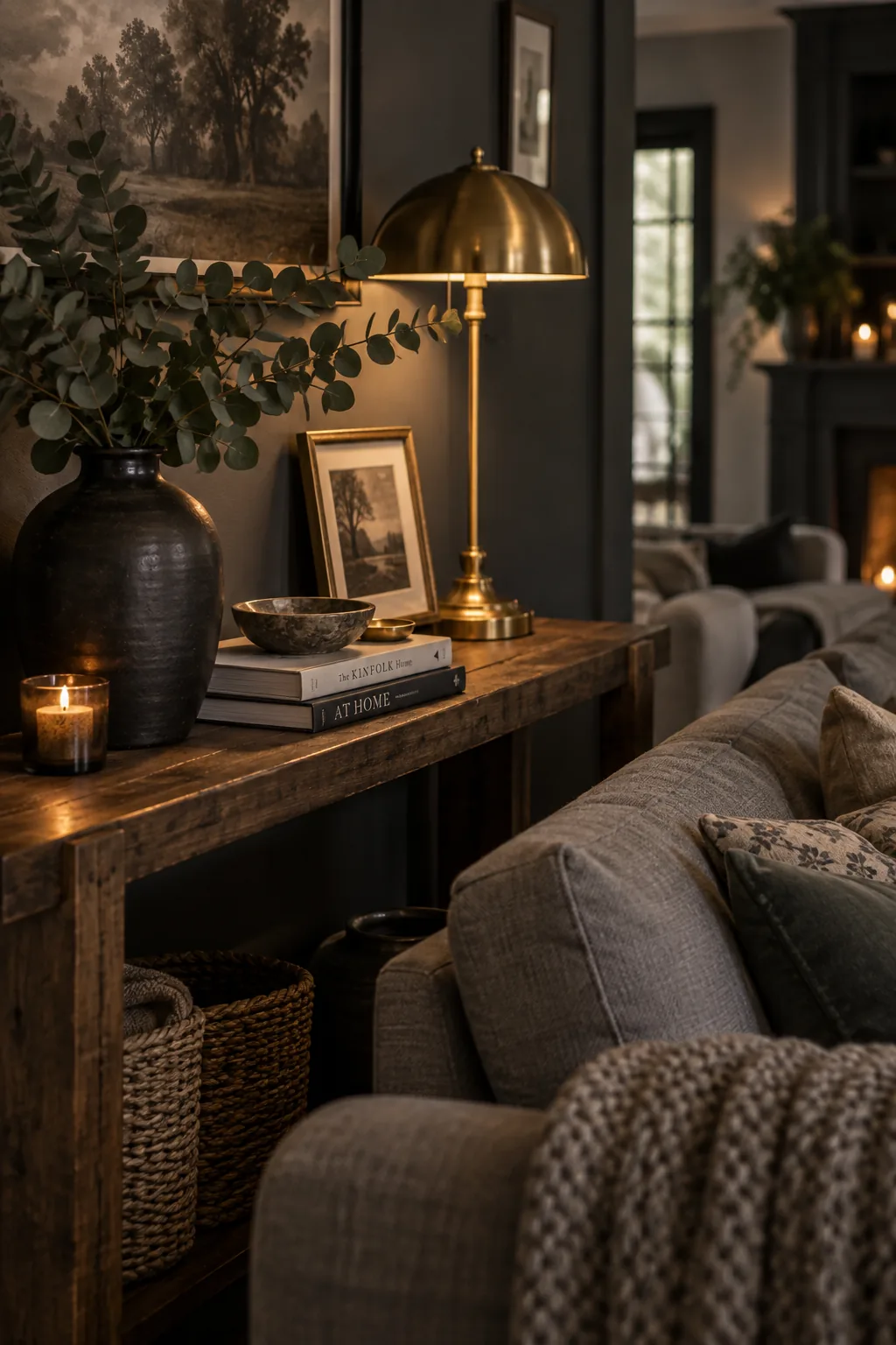 Medium grey couch against a charcoal painted wall