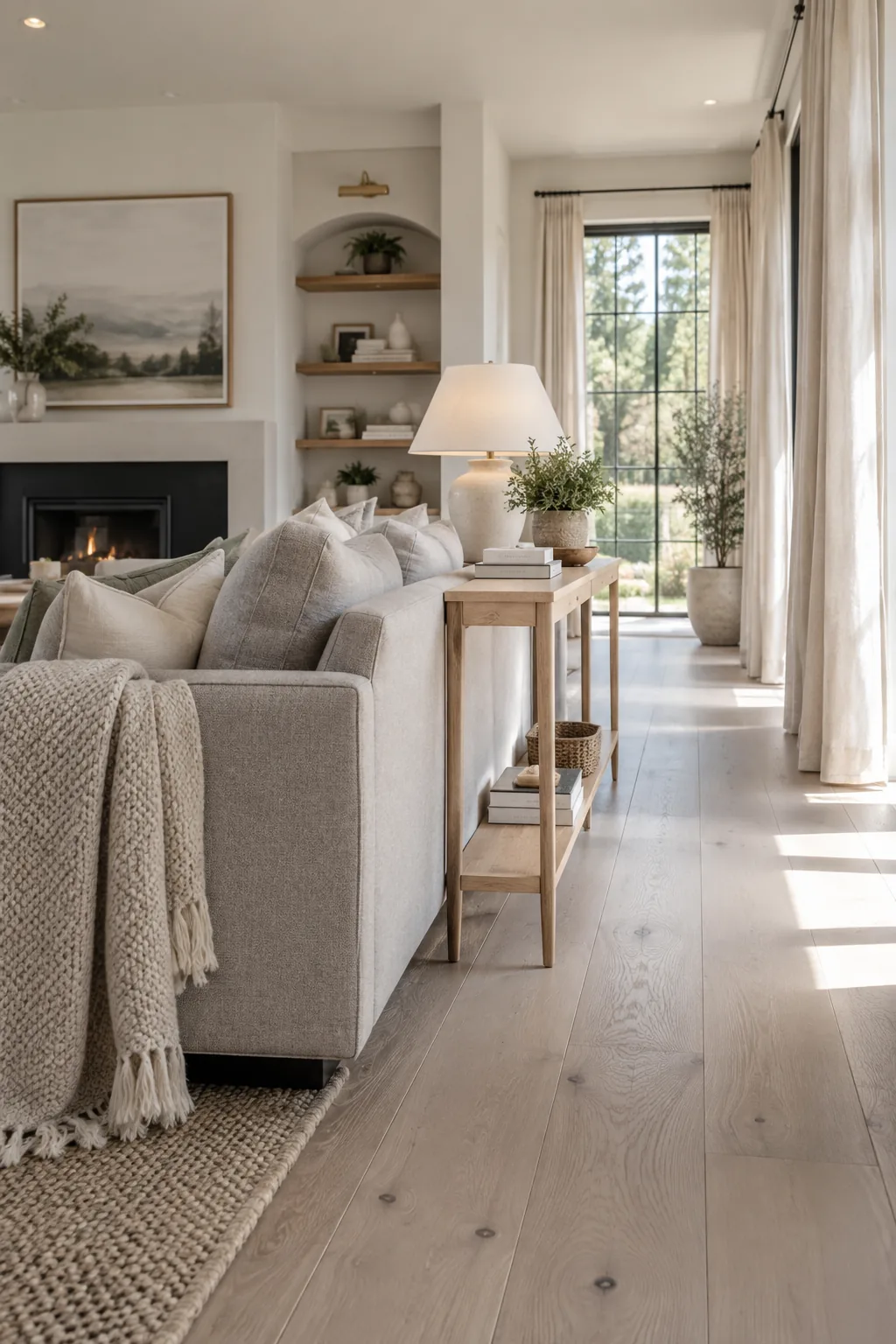 Grey couch pulled away from wall with console table