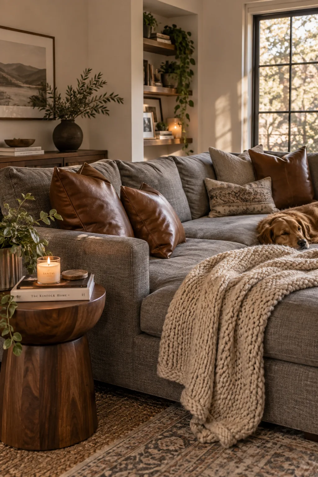 Grey sectional styled with cognac leather pillows