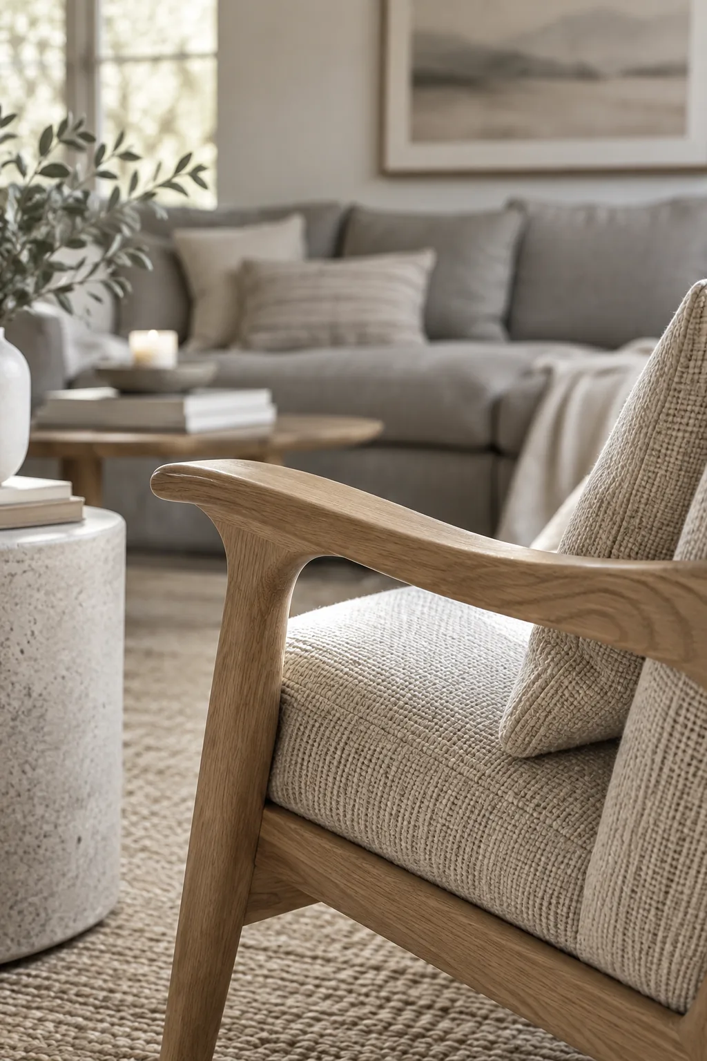 Grey sofa facing two wooden accent chairs