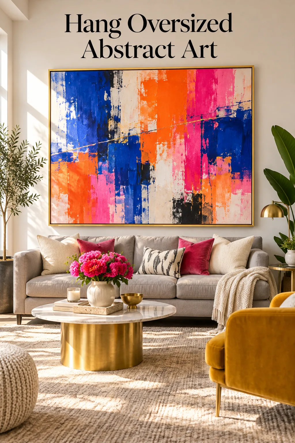 Oversized abstract art hung above a grey couch