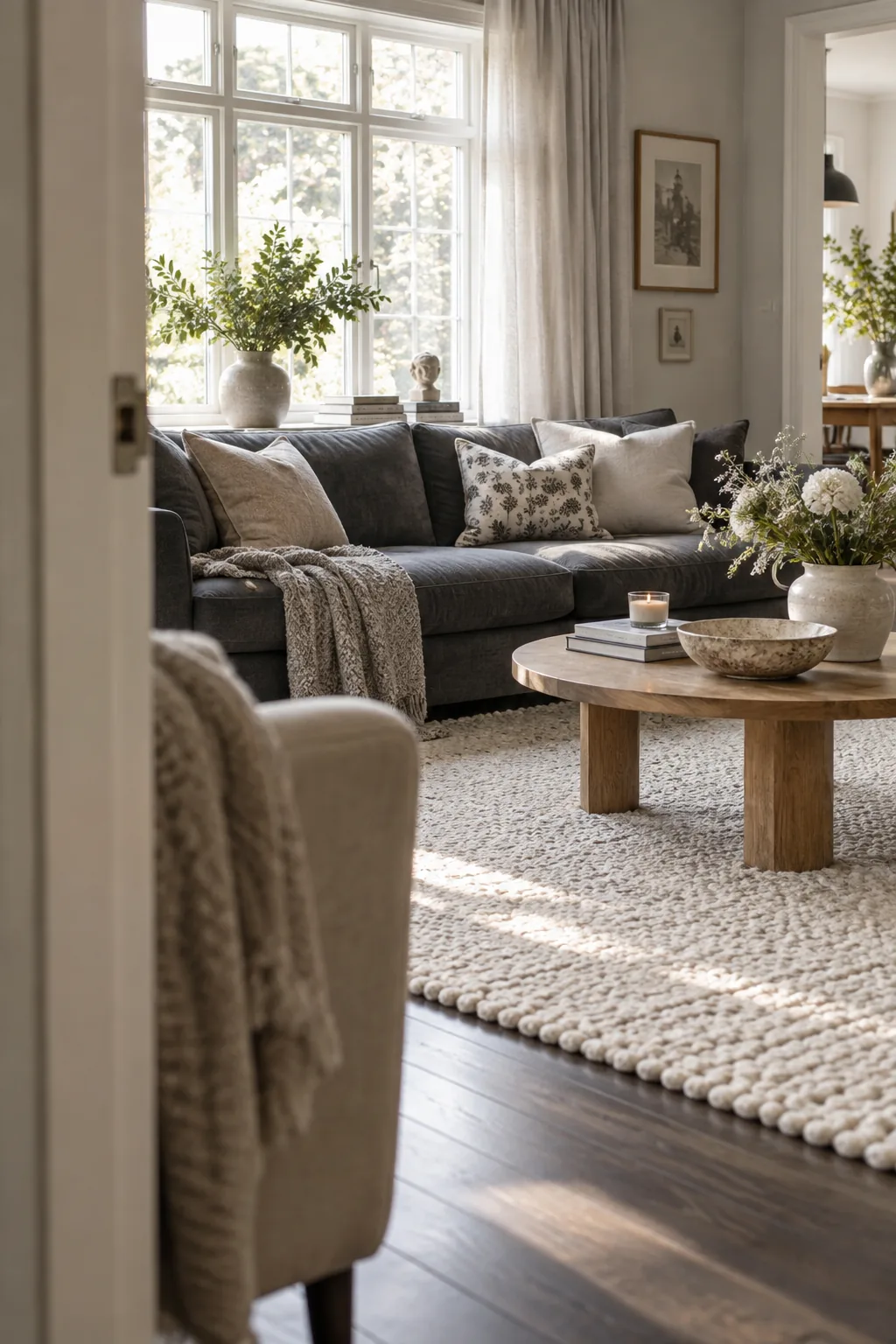 Dark grey couch on a large cream wool rug