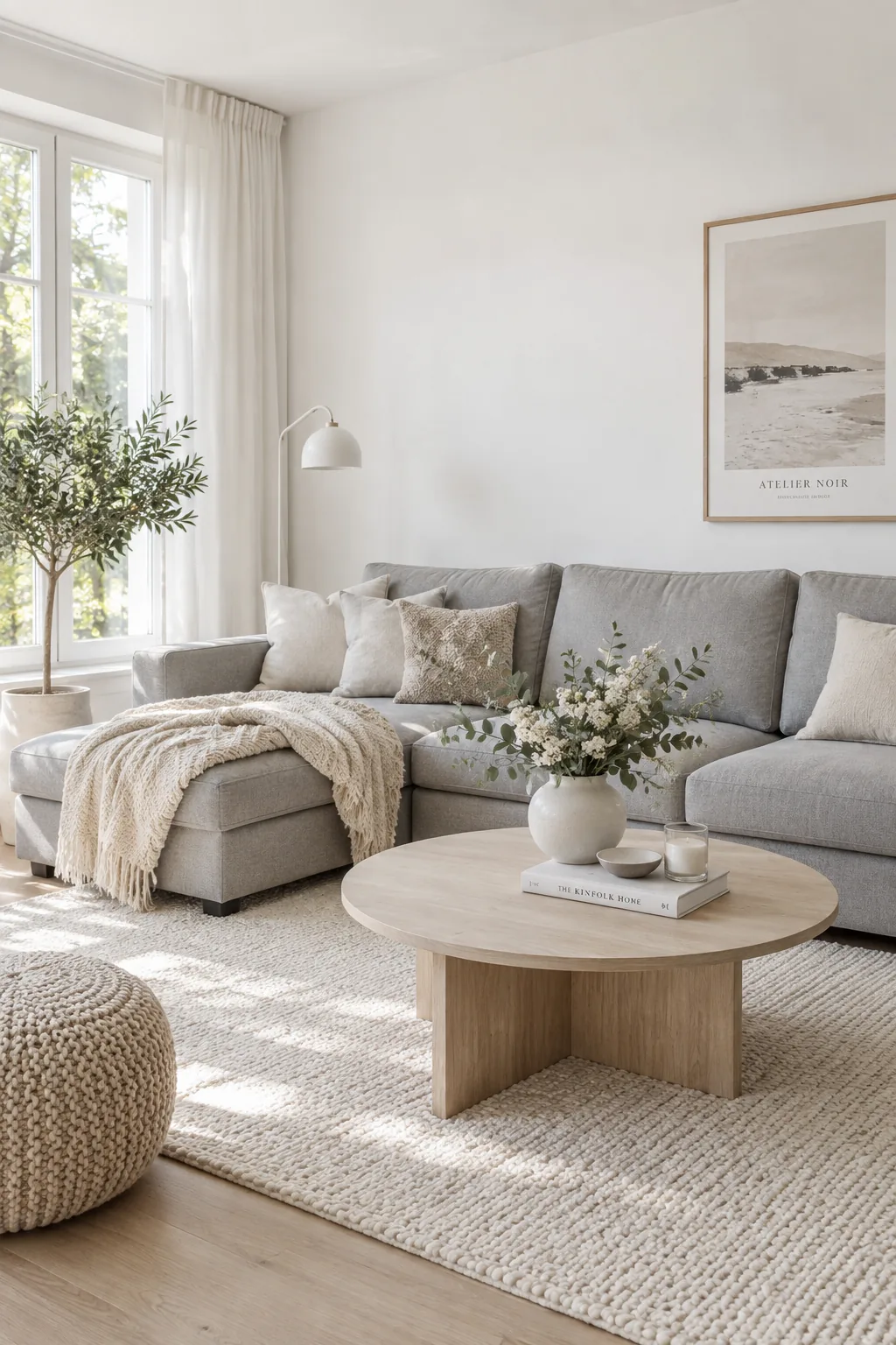 Grey couch against crisp white walls