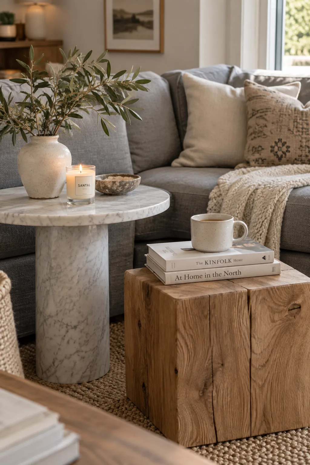 Grey couch flanked by mismatched end tables