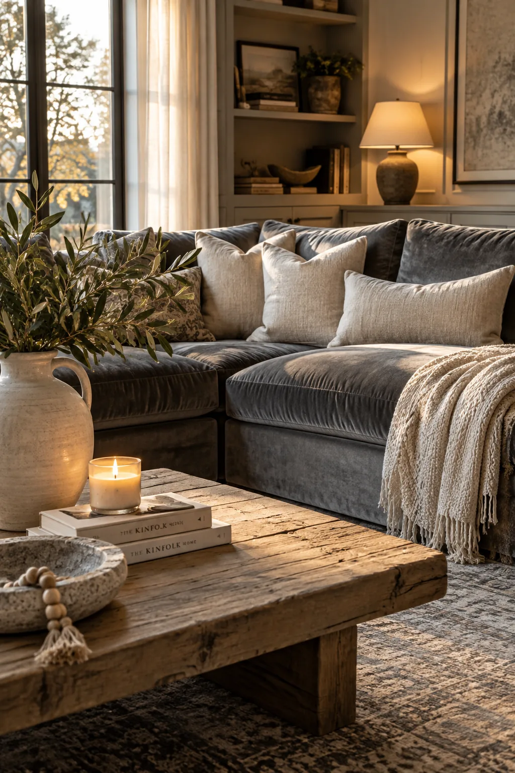 Grey velvet couch styled with matte linen pillows