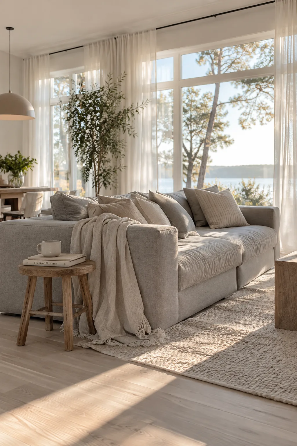 Grey couch placed slightly away from a window