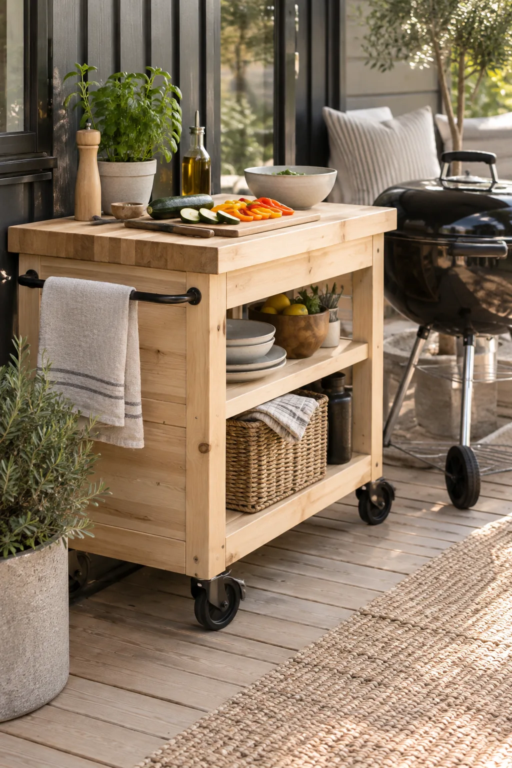 Wooden grill cart with thick butcher block top and heavy-duty casters on a patio