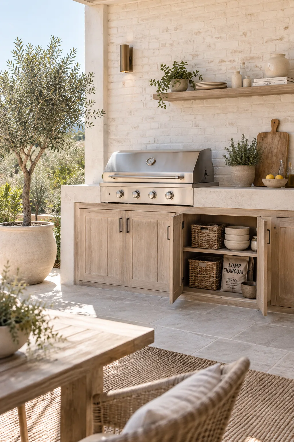 Built-in outdoor cabinet under a grill grate holding charcoal and tools
