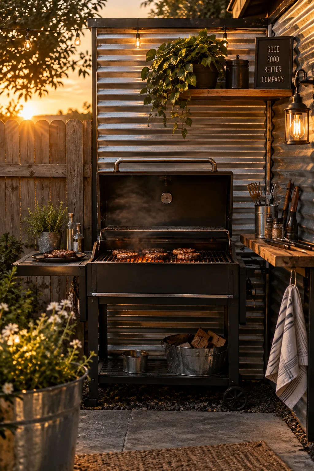 Corrugated metal surround framing an outdoor grill station