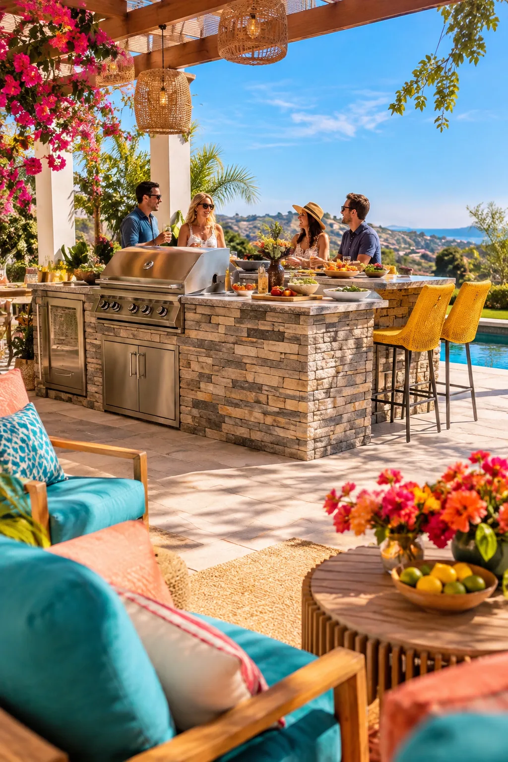 Stone veneer island grill station in the center of a backyard patio with a raised bar