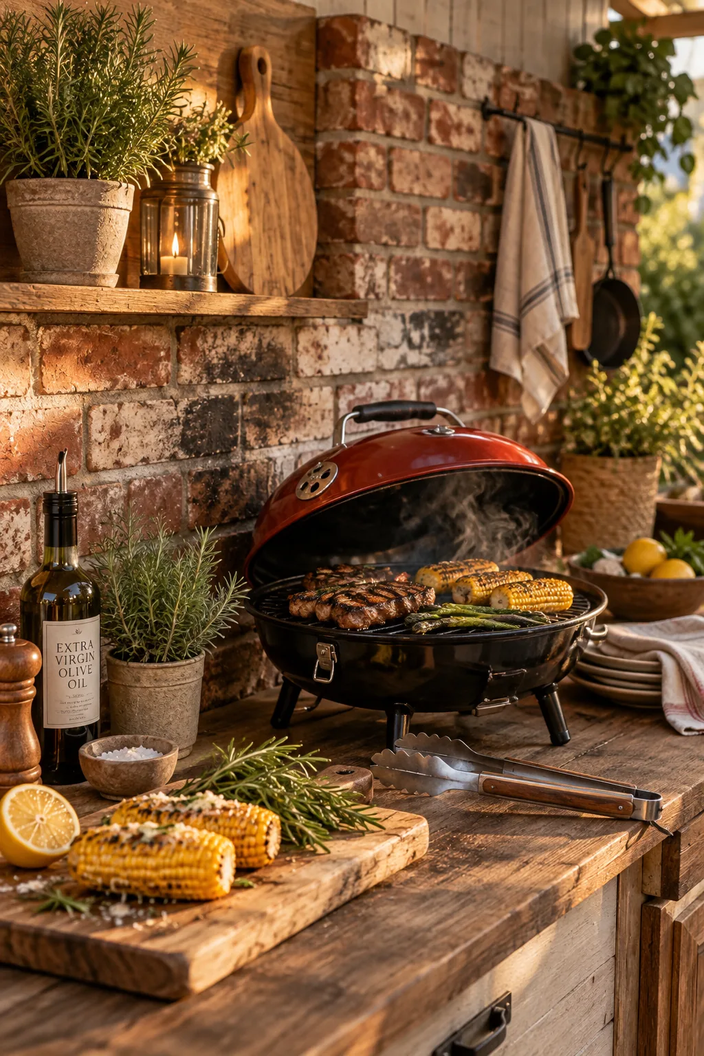 Reclaimed brick backsplash behind an outdoor grill area