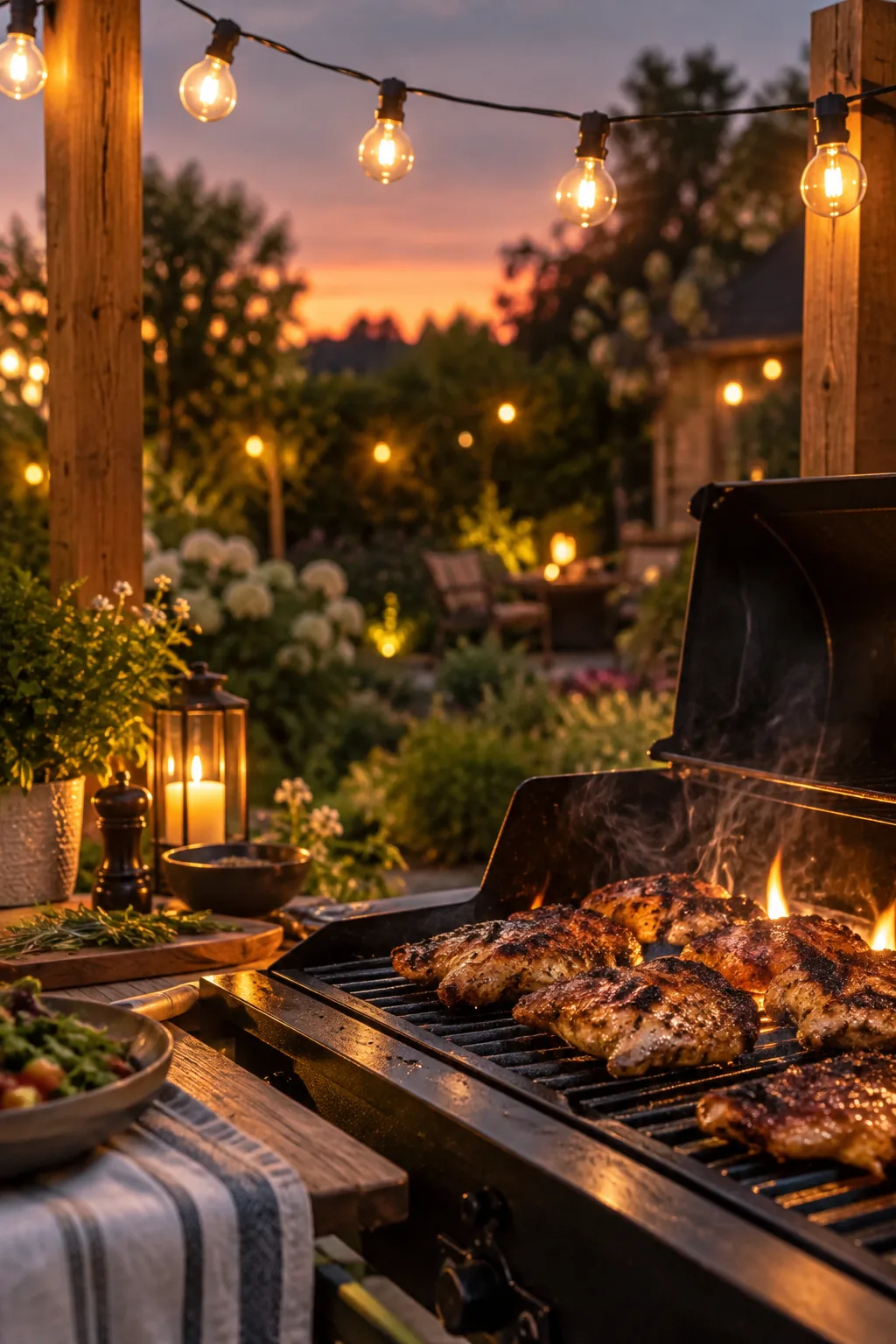 Commercial bistro lights strung between wooden posts over an outdoor grill