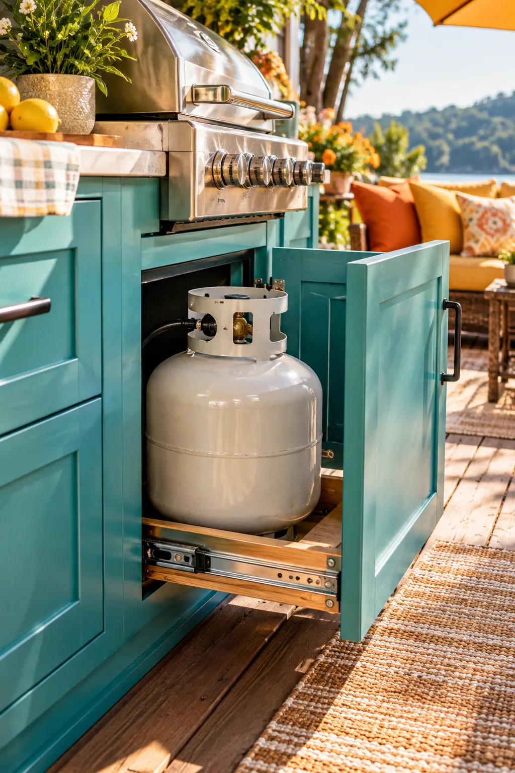 Sliding pull-out wooden tray holding a heavy propane tank inside an outdoor cabinet