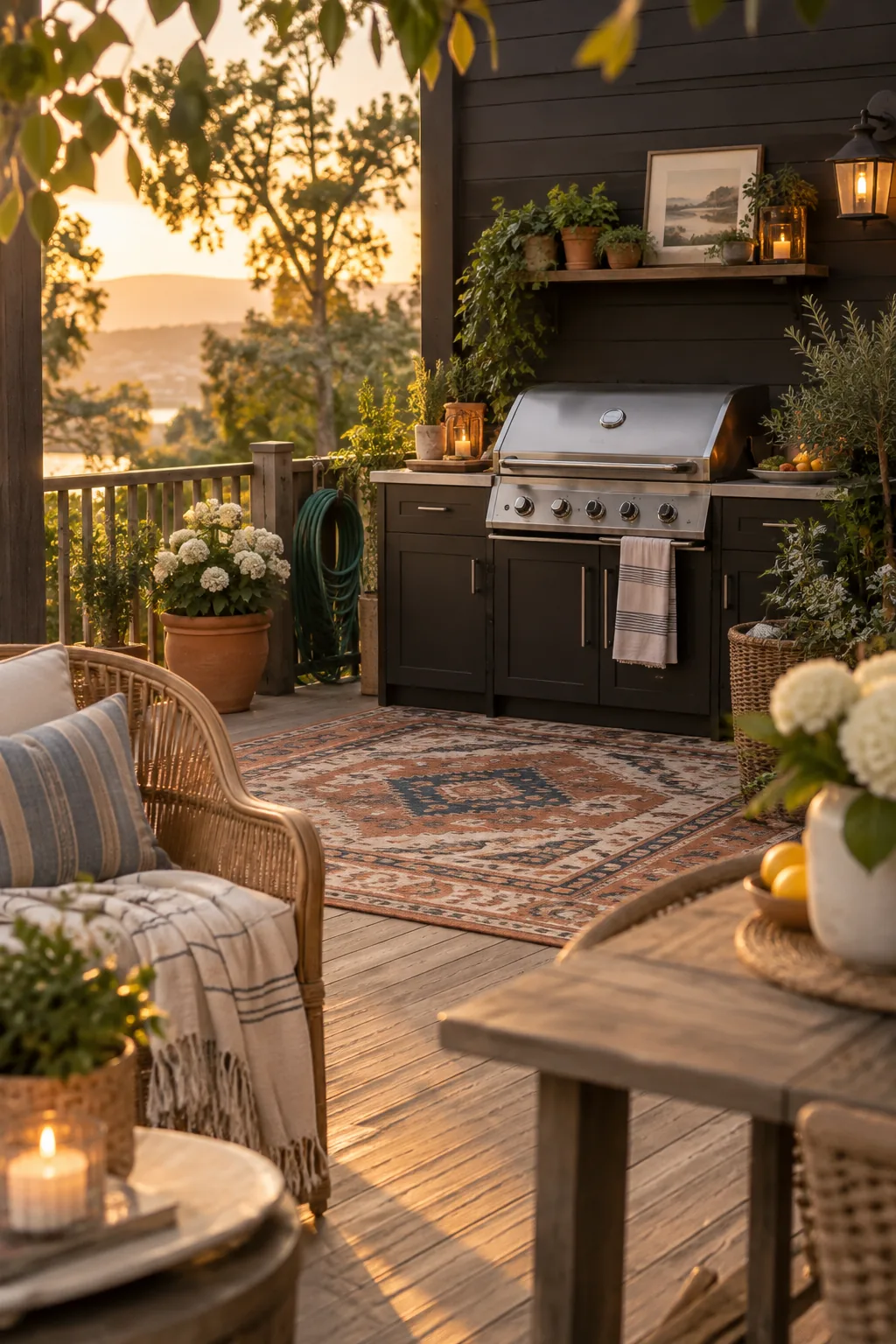 Patterned recycled plastic outdoor rug placed under a patio grill station