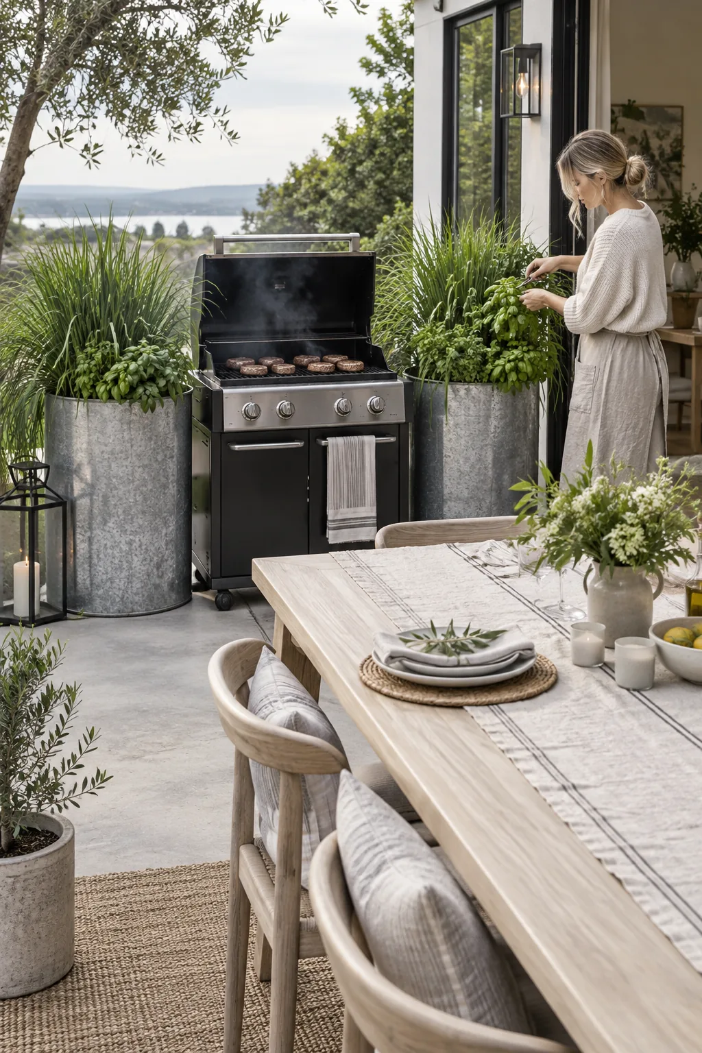 Tall galvanized planters filled with basil and lemongrass flanking an outdoor grill