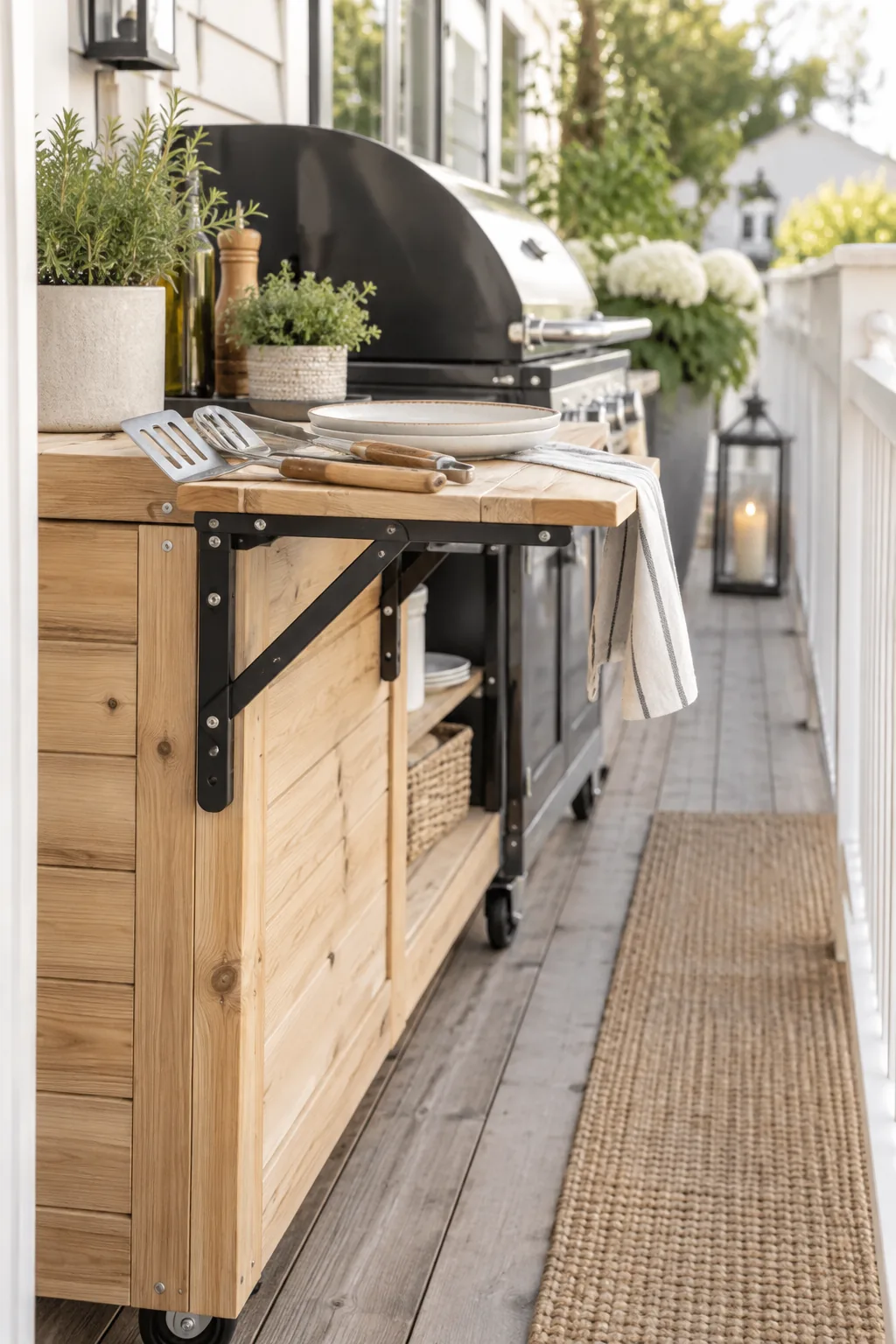 Folding wooden drop-leaf shelf attached to the side of a grill cart