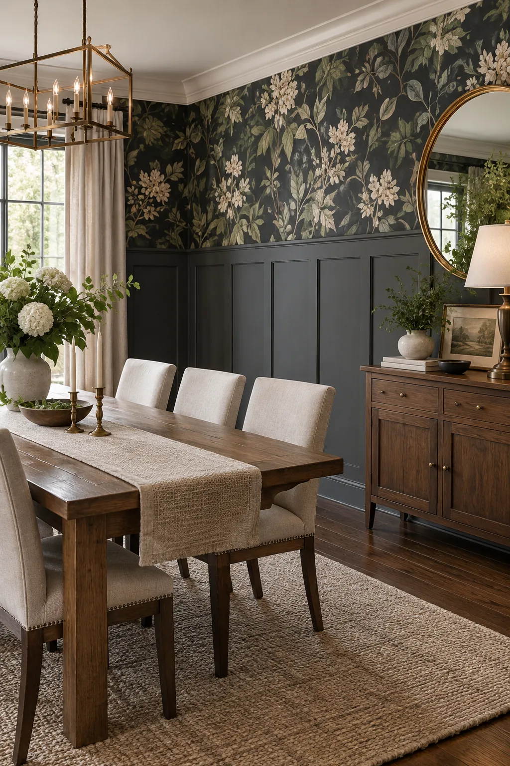 Charcoal gray board-and-batten wainscoting below botanical wallpaper in a dining room.