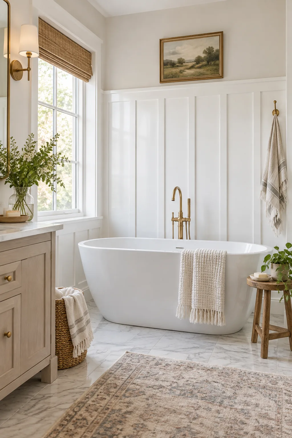 Tall white board-and-batten paneling in a bright bathroom with a freestanding tub.