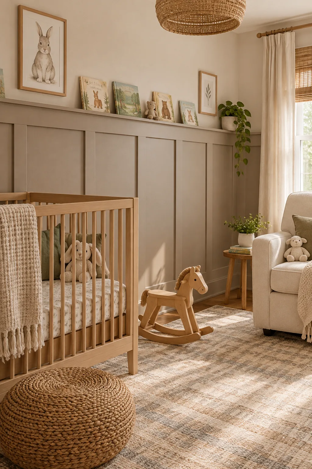Warm taupe board-and-batten paneling with a picture ledge in a nursery.