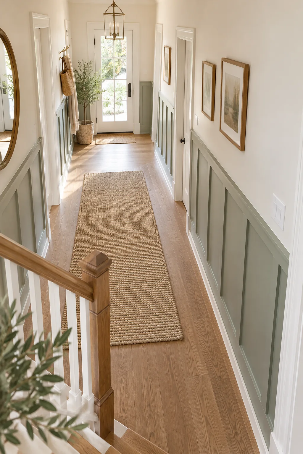 Sage green board-and-batten top rail installed directly above a white double light switch.