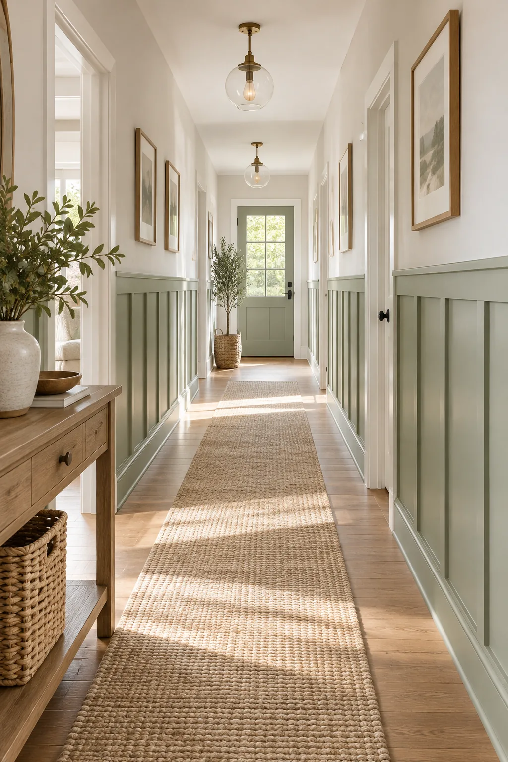 Long hallway featuring symmetrical sage green half wall board-and-batten paneling.