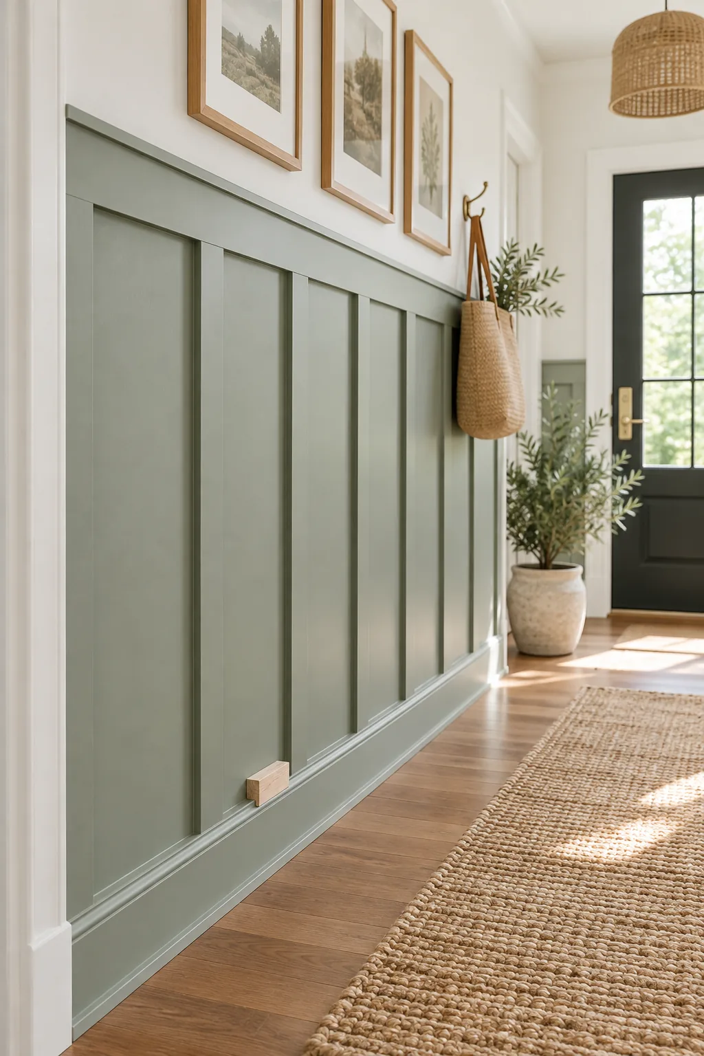 Two vertical sage green battens with a small wooden block resting between them.