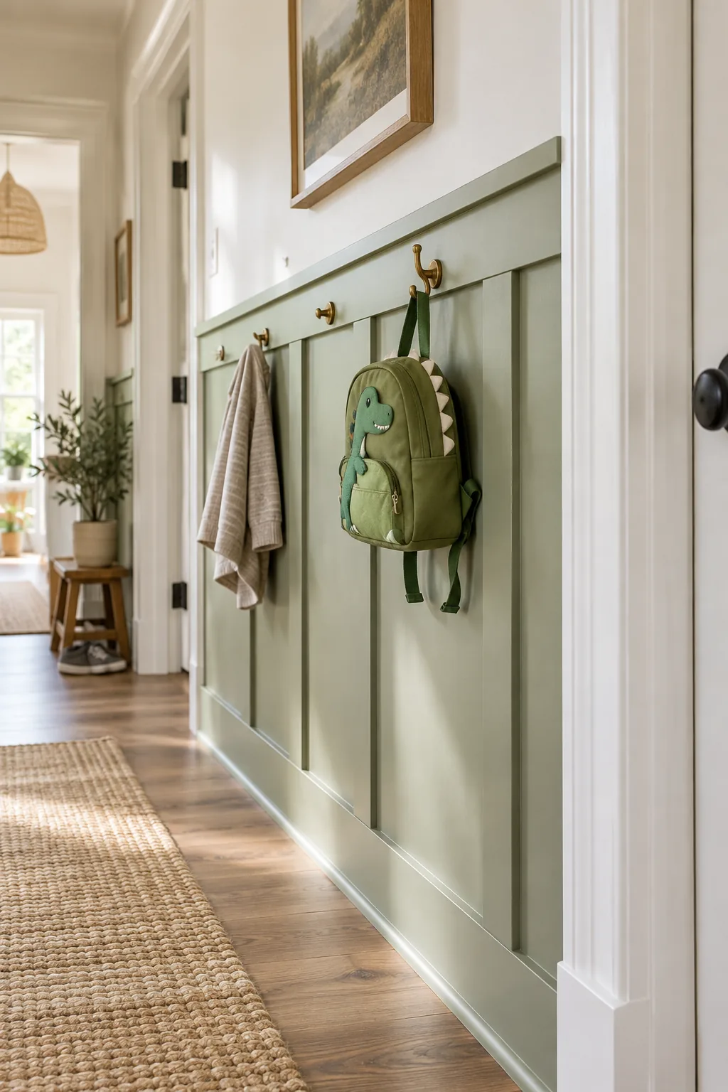 Smooth, painted edge of a sage green top rail meeting a white door casing.