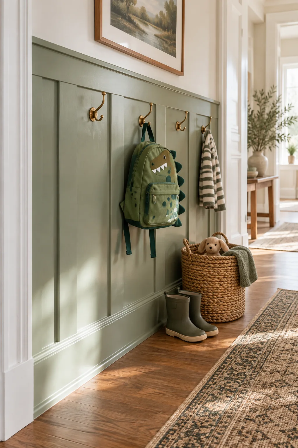 Soft-sheen sage green paneling with a child's backpack hanging on a brass hook.