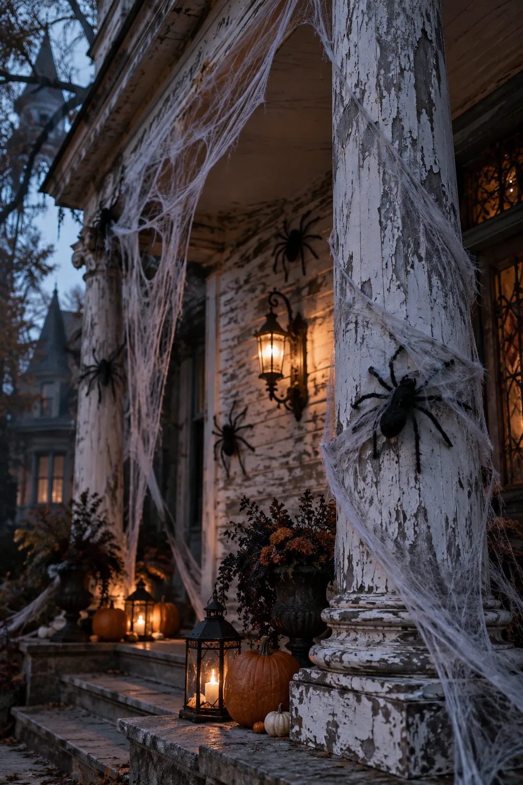 Front porch covered in messy cheesecloth cobwebs with large plastic spiders attached to the columns.