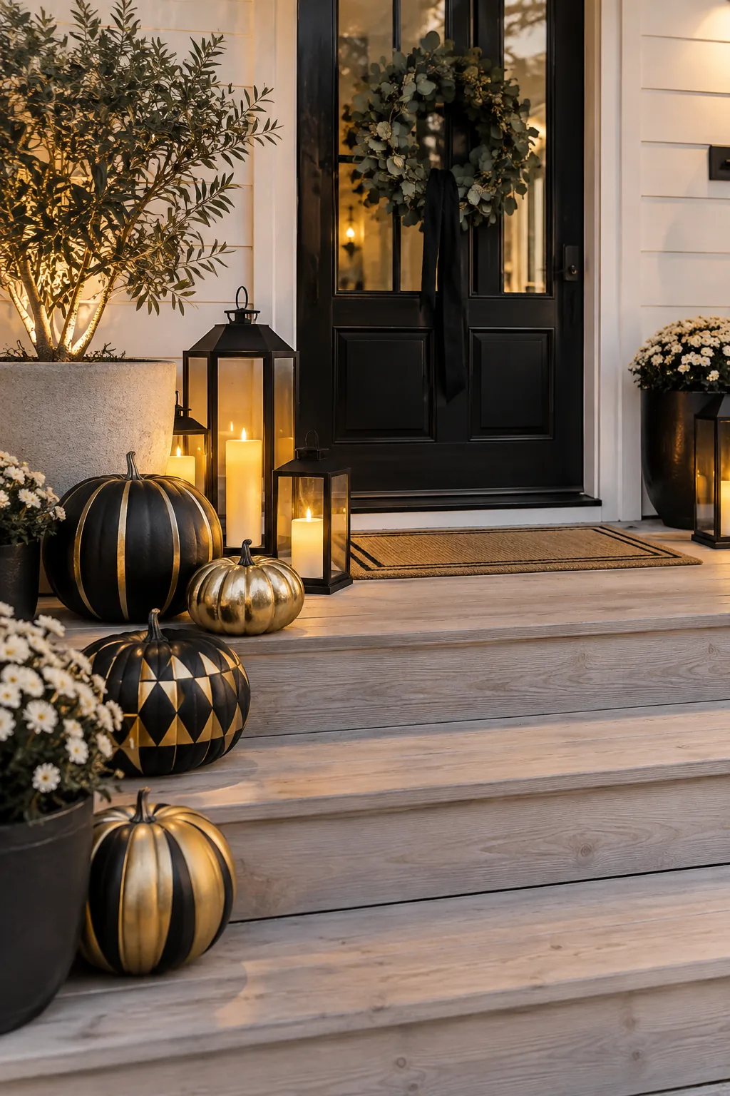 Stack of heirloom pumpkins painted in matte black and metallic gold geometric stripes on front steps.